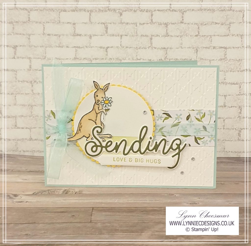 A card with a cute kangaroo with a die cut sentiment Sending Love & Big Hugs