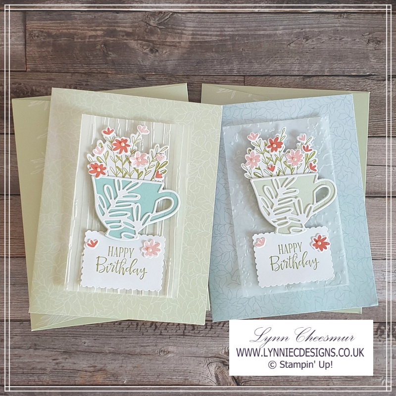 Two birthday cards featuring a tea cup with flowers