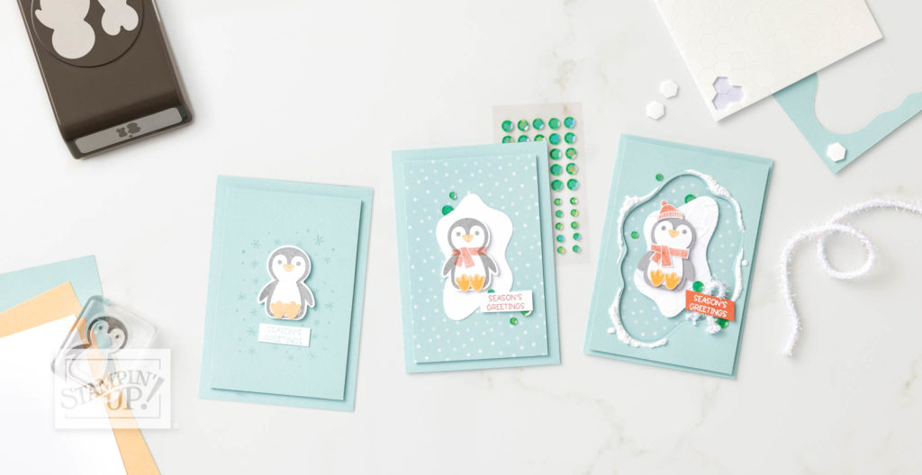 Simple to Stepped up versions of a cute Penguin Place Christmas Card from the Stampin ' Up! mini catalogue