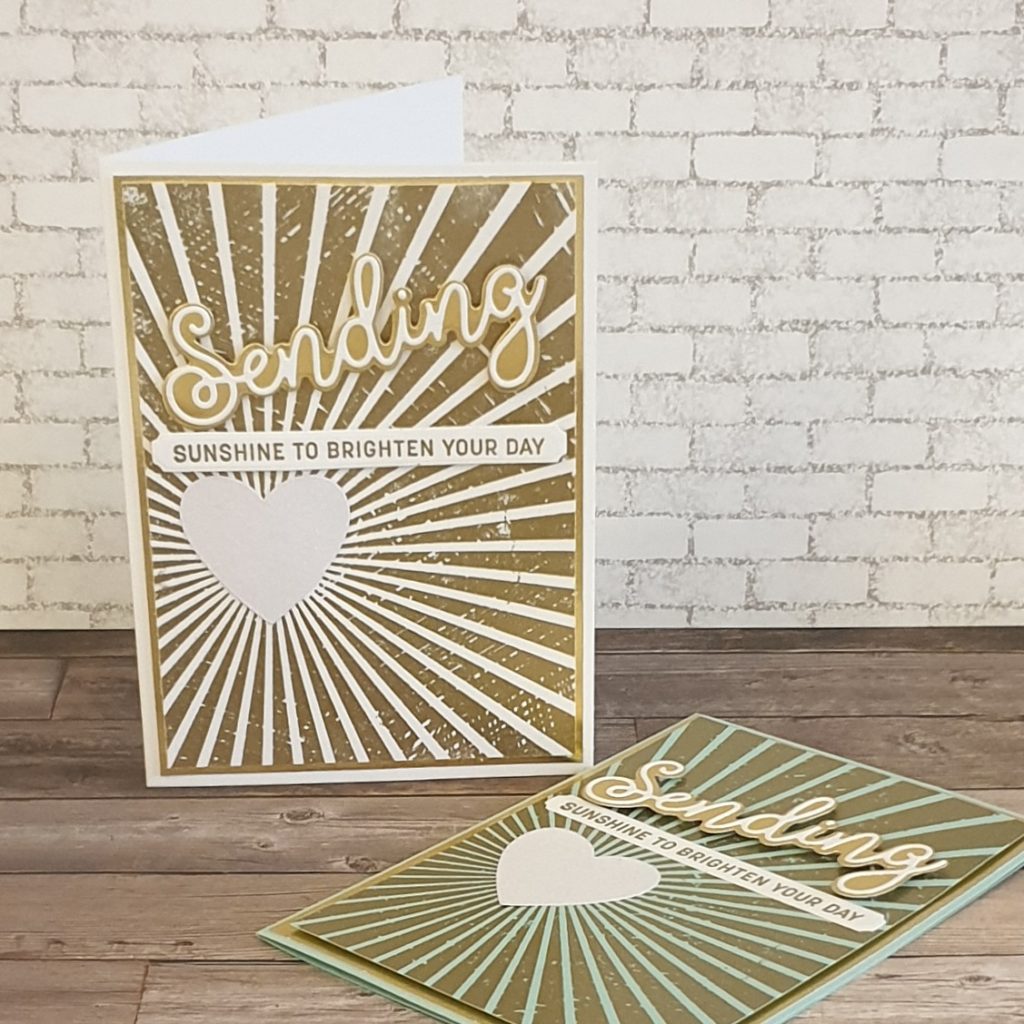 Two cards with gold embossing - Sending Smiles bundle and Rays of Light background stamp by Stampin' Up!