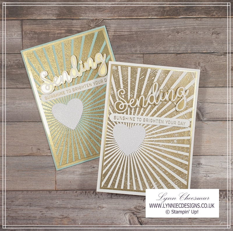 Two cards with gold embossing - Sending Smiles bundle and Rays of Light background stamp by Stampin' Up!