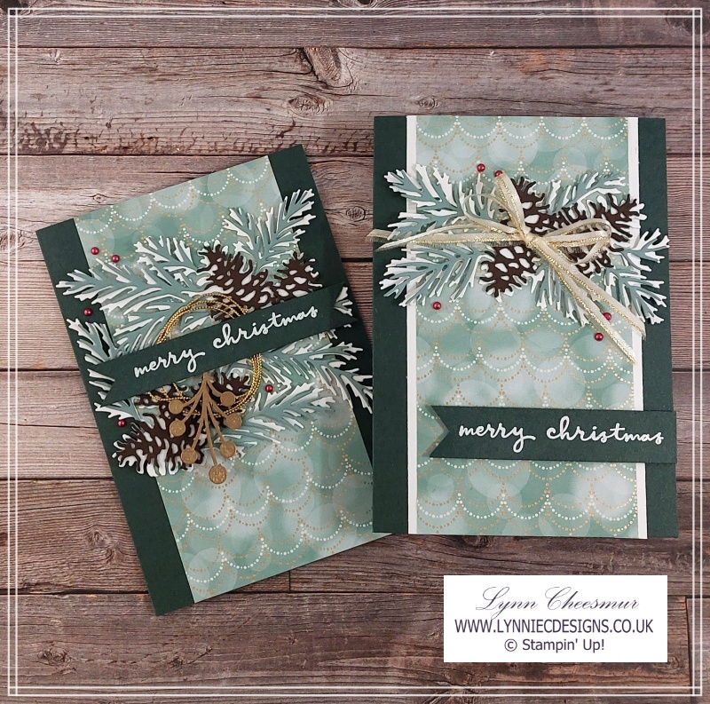 Gorgeous Christmas cards featuring Lights Aglow dsp and Christmas Pinecones dies by Stampin' Up!
