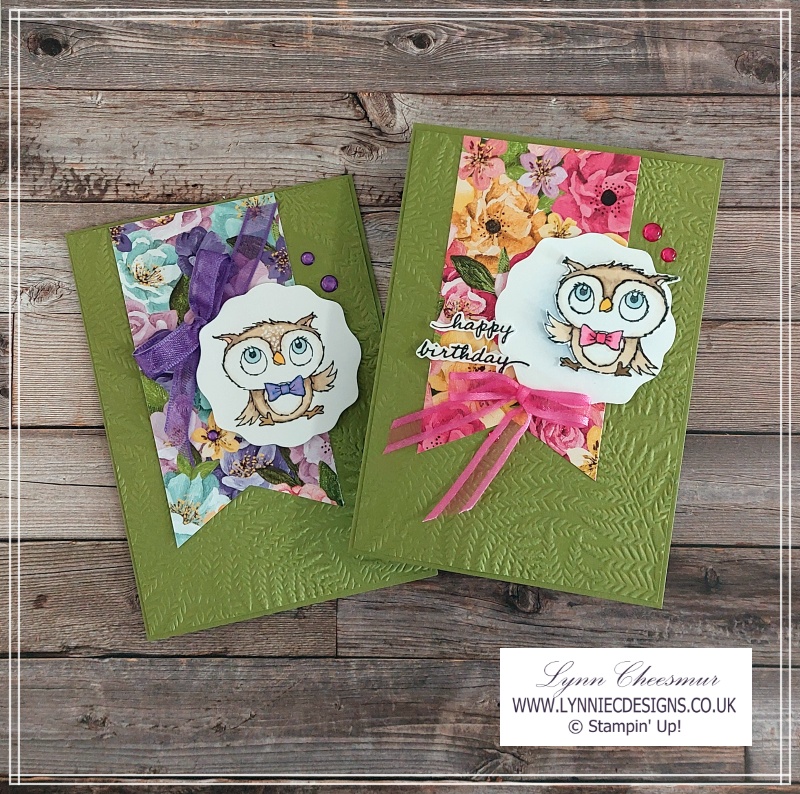Two cards featuring Adorable Owls, Fern 3D embossing folder and Hues of Happiness paper by Stampin' Up!