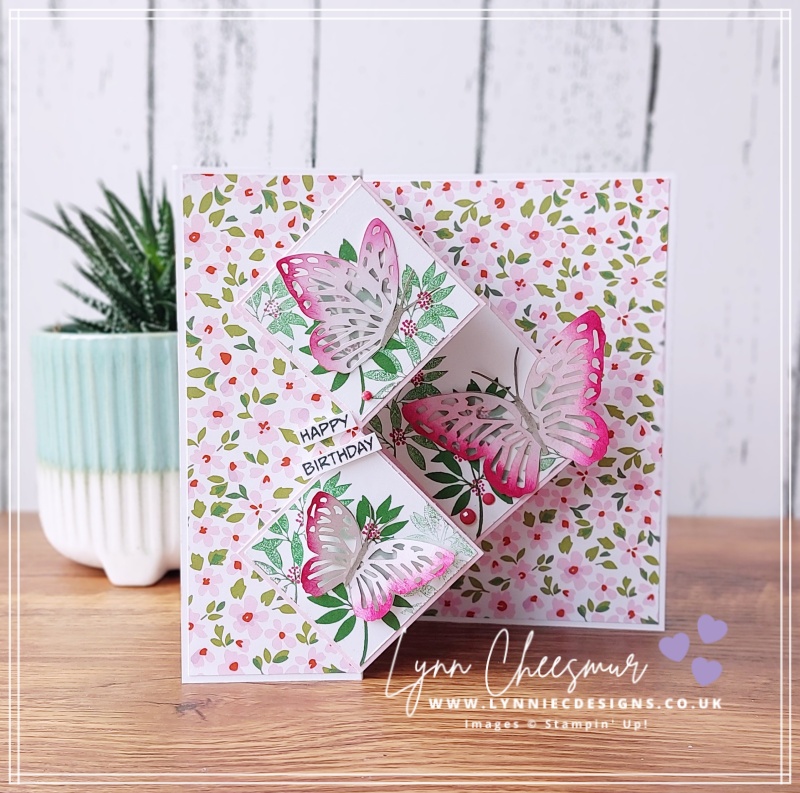 Diamond z fold pop up card featuring pretty paper and Paper Butterfly Accents by Stampin' Up!