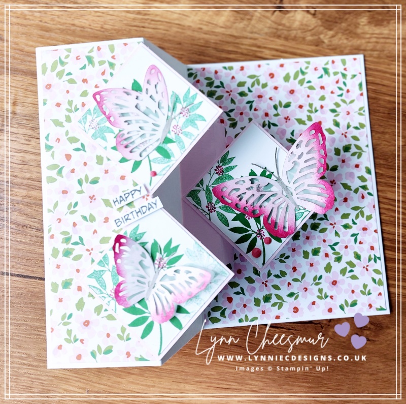 Diamond z fold pop up card featuring pretty paper and Paper Butterfly Accents by Stampin' Up!