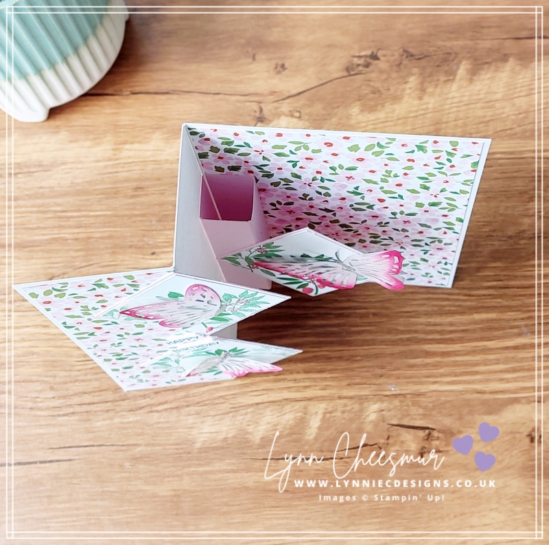 Diamond z fold pop up card featuring pretty paper and Paper Butterfly Accents by Stampin' Up!