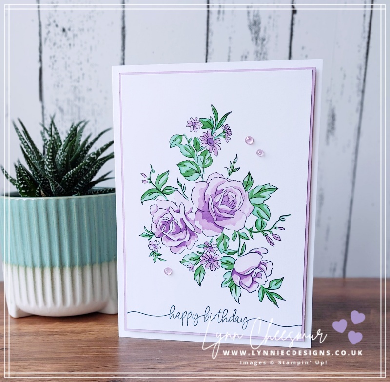 5" x 7" bithday card featuring Layers of Beauty stamp set and Decorative Masks with Sweetly Scripted stamp set by Stampin' Up!