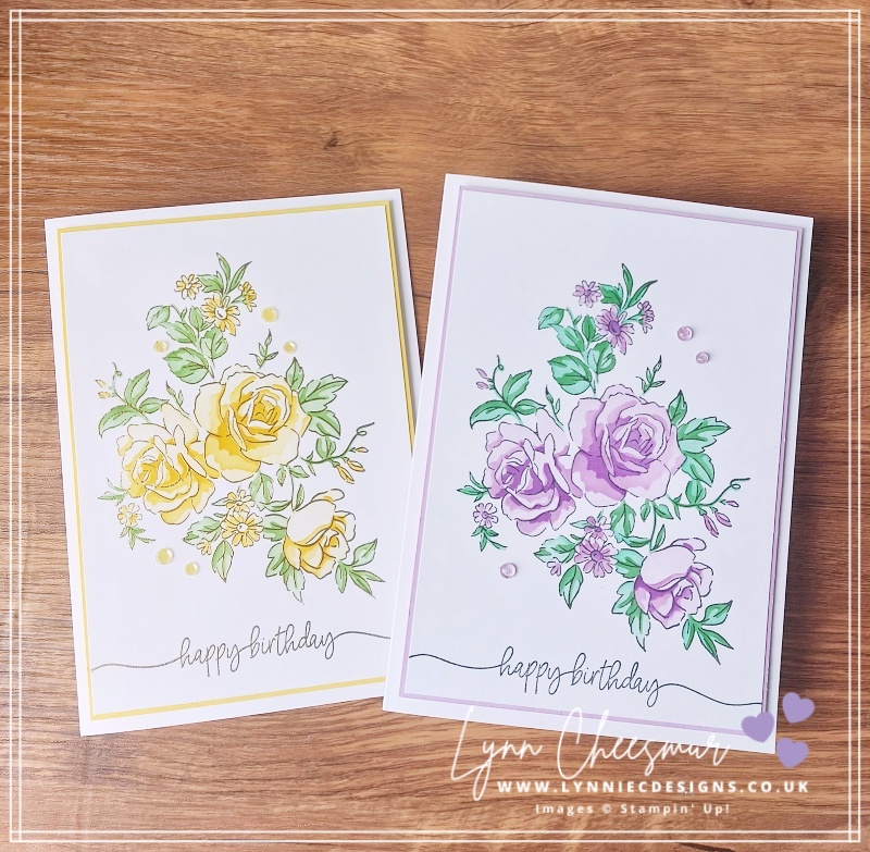 5" x 7" bithday cards featuring Layers of Beauty stamp set and Decorative Masks with Sweetly Scripted stamp set by Stampin' Up!