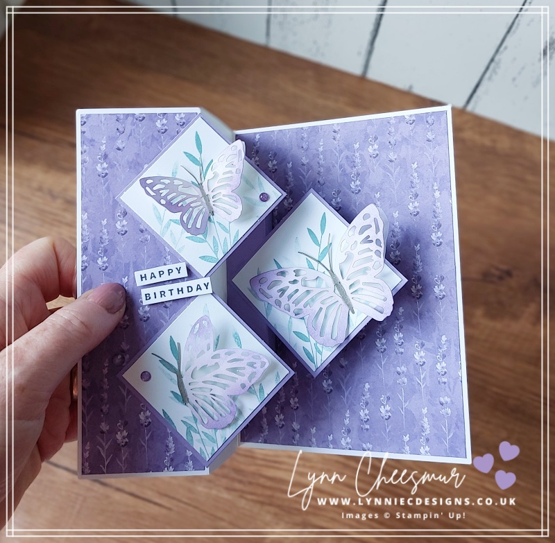 Diamond z fold pop up card featuring Perennial Lavender paper and Paper Butterfly Accents by Stampin' Up!