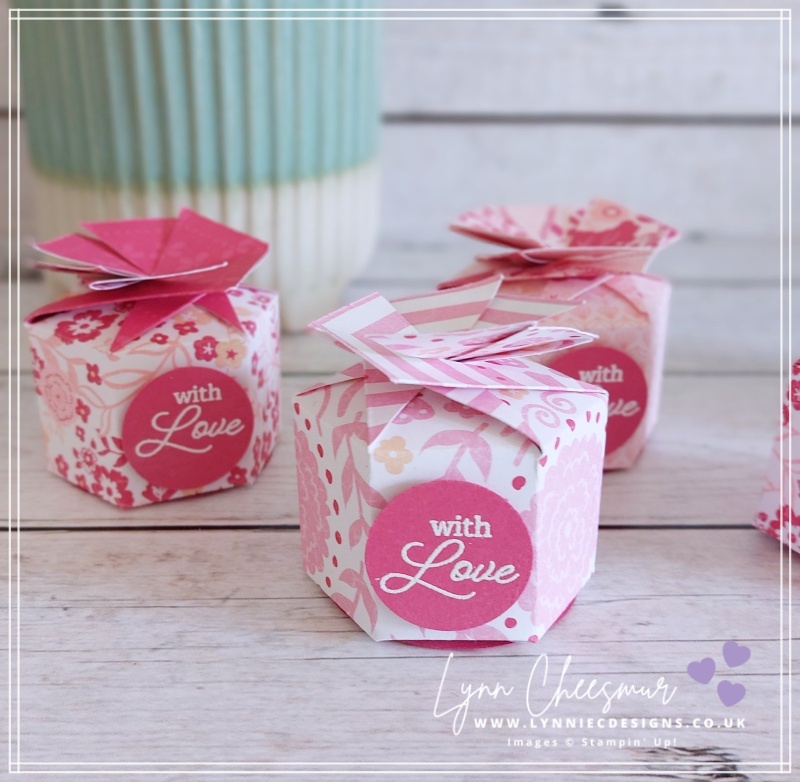 Cute hexagonal treat boxes made with pink designer series paper, Crafting with You stamp set and Deckled circles dies