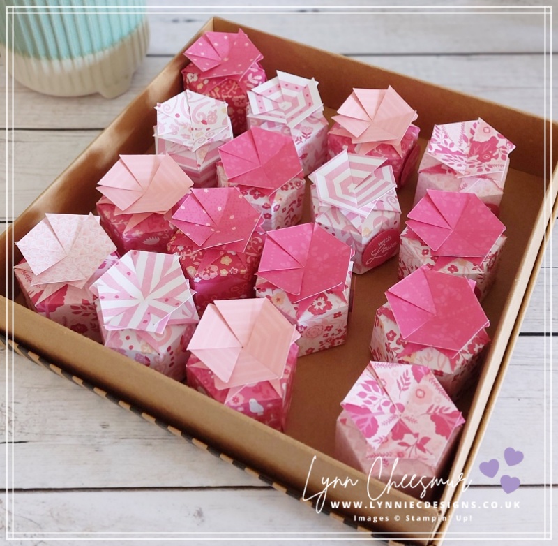 Cute hexagonal treat boxes made with pink designer series paper, Crafting with You stamp set and Deckled circles dies