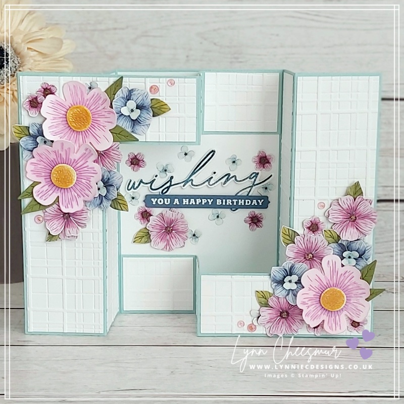 Double gatefold birthday card with Z-folds created for the July Be Inspired Floral Fun blog hop