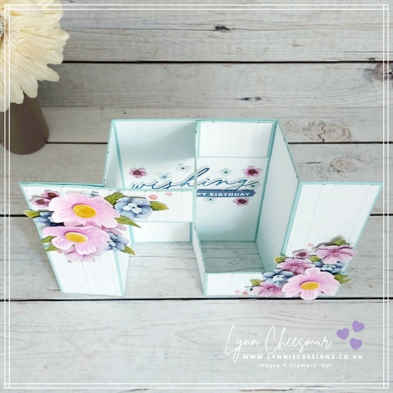 Top view of a double gatefold birthday card with Z-folds created for the July Be Inspired Floral Fun blog hop